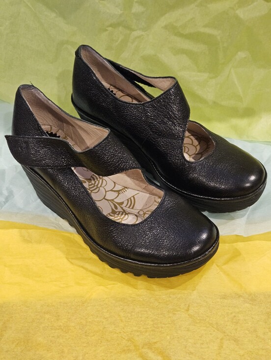 Fly London Shoes - Fly London Black Leather Wedge Mary Jane